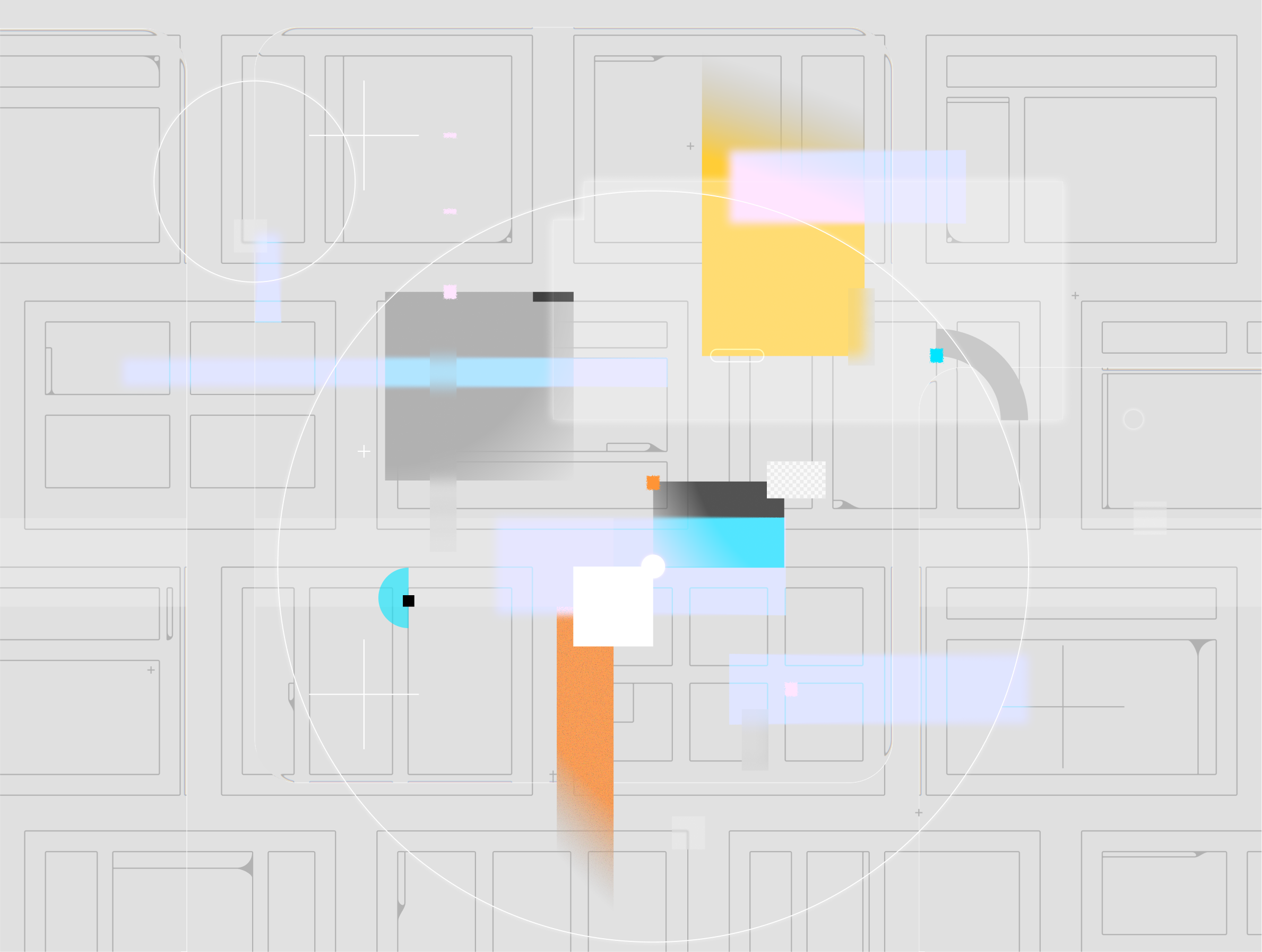Overlapping wireframe interface layouts, panels, and UI elements on a grid