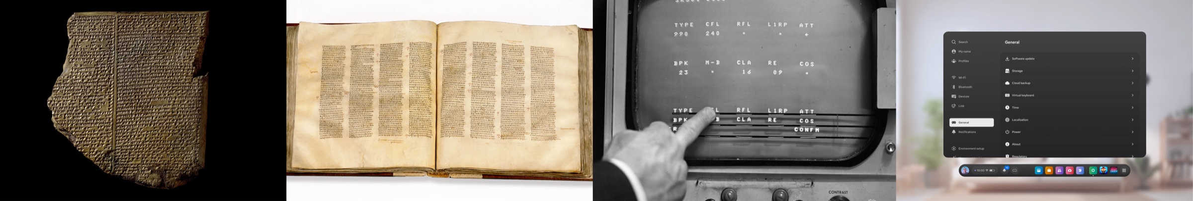 Historic displays: the Flood Tablet, Codex Sinaiticus, E.A. Johnson at the Royal Radar Establishment, and a mixed reality panel display