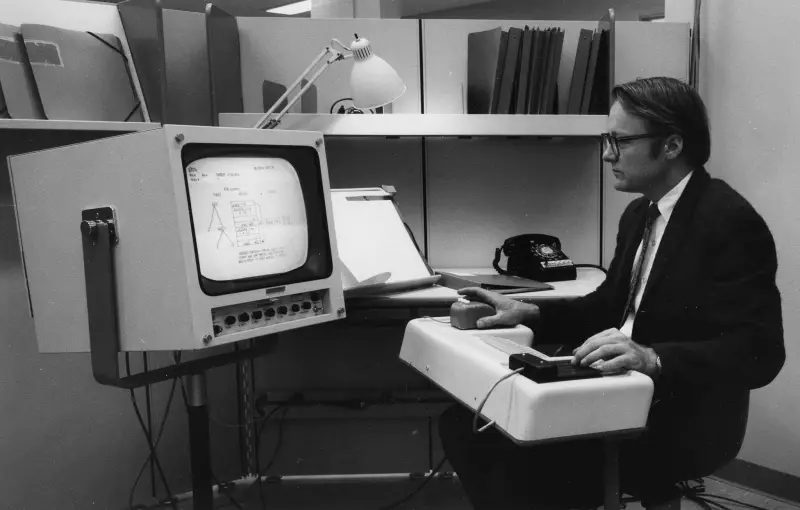 Douglas Engelbart demonstrating the mouse and chord keyboard at the Mother of All Demos, 1968